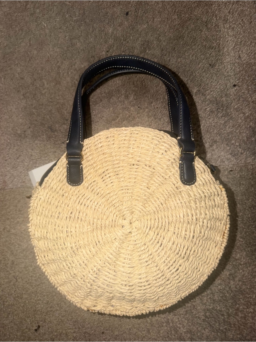 Straw Circle Tote with Navy Handles - Natural